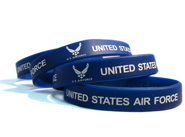 Blue printed wristbands with a personal message saying United States Air Force.
