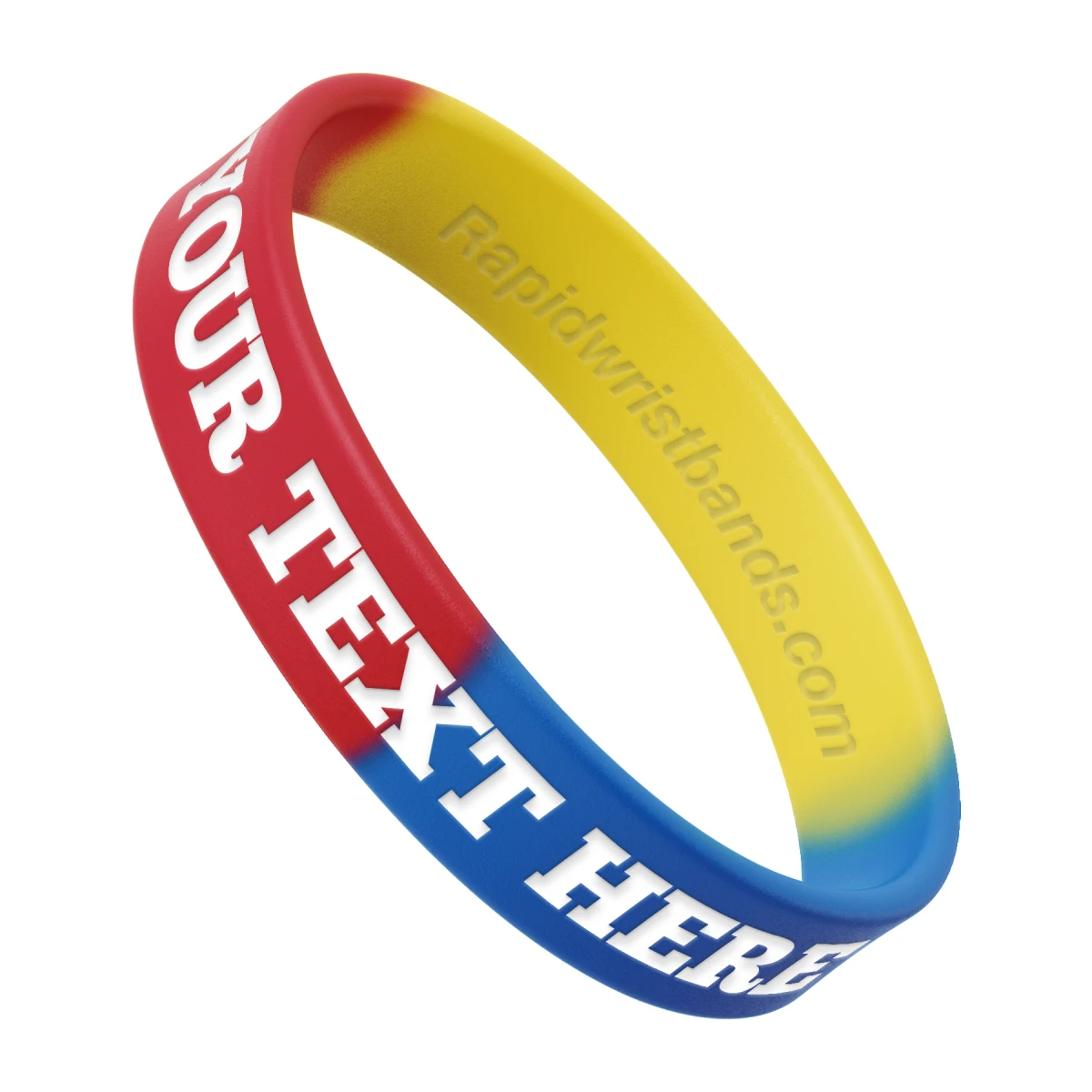 Segmented Red/Yellow/Blue Wristband With Your Text Here Engraved In White