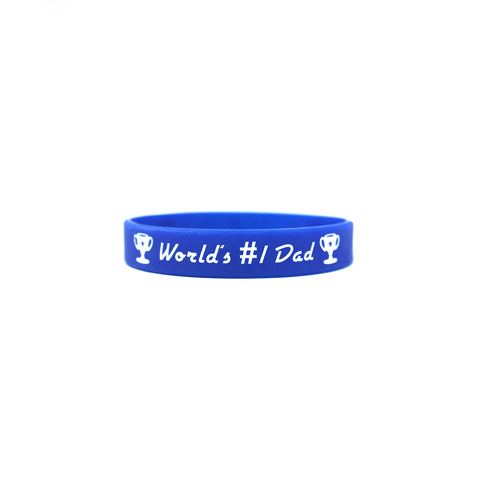 Blue printed wristband that says worlds number 1 dad.