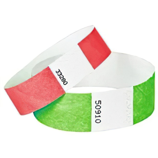 Red and Green Numbered Tyvek Wristbands Stacked